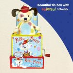 Schylling Polka Puppy Jack in the Box - Classic Children's Musical Toy that Dances - Colorful Embossed Tin Box and Lovable Puppy Plush - Age 18 months and Up